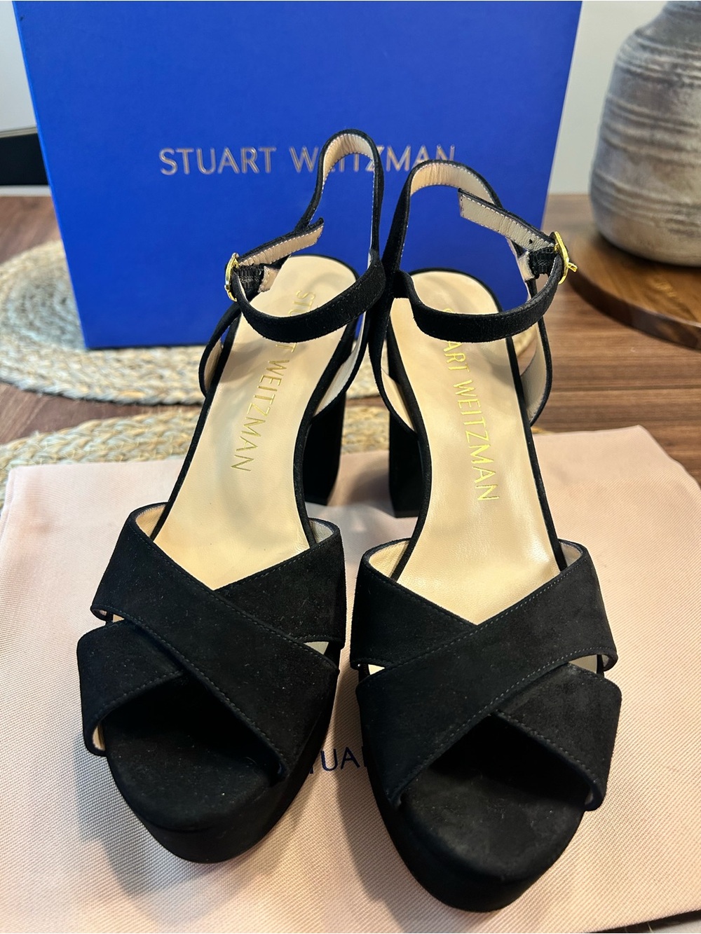 Stuart Weitzman Black Suede Platform Block-Heel Sandals (sz 8) - Picture 7 of 14